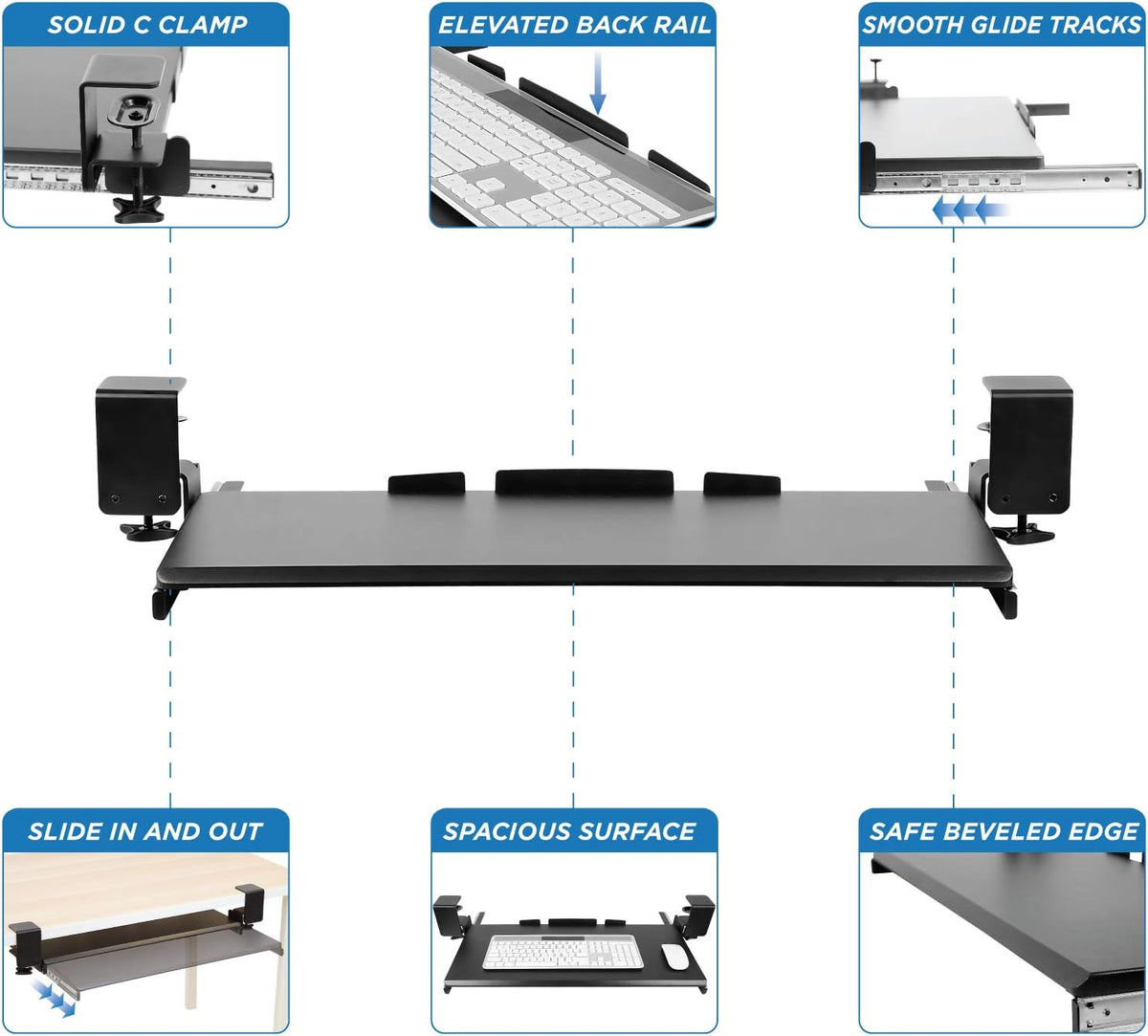 ! Keyboard Tray Under Desk, Clamp-On No-Drill Slide-Out Keyboard Drawer with Mouse Platform, 27" x 11" Ergonomic Keyboard Tray for Home Office, Fits Desks up to 2.2" Thick