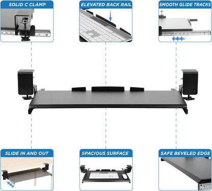 ! Keyboard Tray Under Desk, Clamp-On No-Drill Slide-Out Keyboard Drawer with Mouse Platform, 27" x 11" Ergonomic Keyboard Tray for Home Office, Fits Desks up to 2.2" Thick