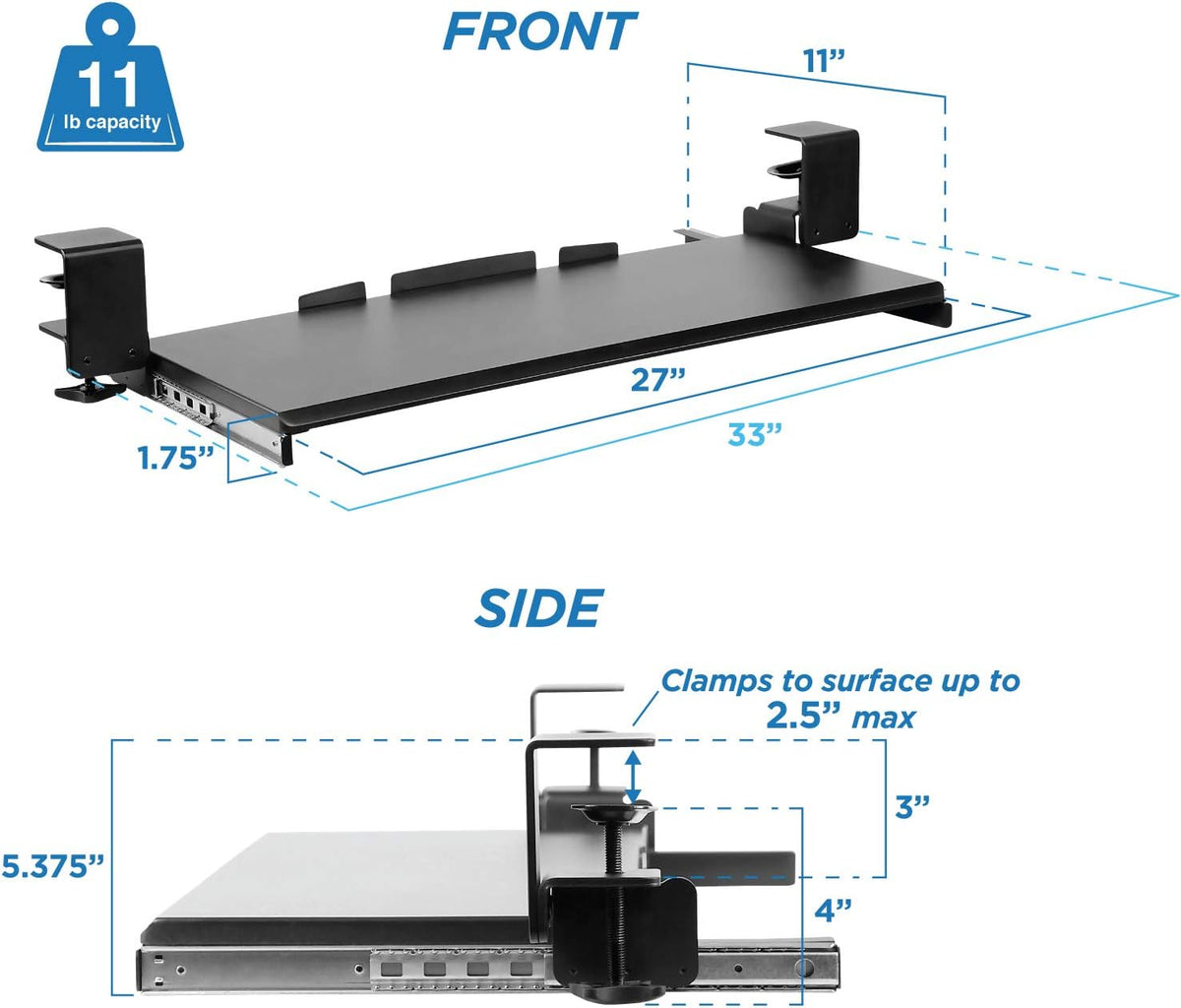 ! Keyboard Tray Under Desk, Clamp-On No-Drill Slide-Out Keyboard Drawer with Mouse Platform, 27" x 11" Ergonomic Keyboard Tray for Home Office, Fits Desks up to 2.2" Thick