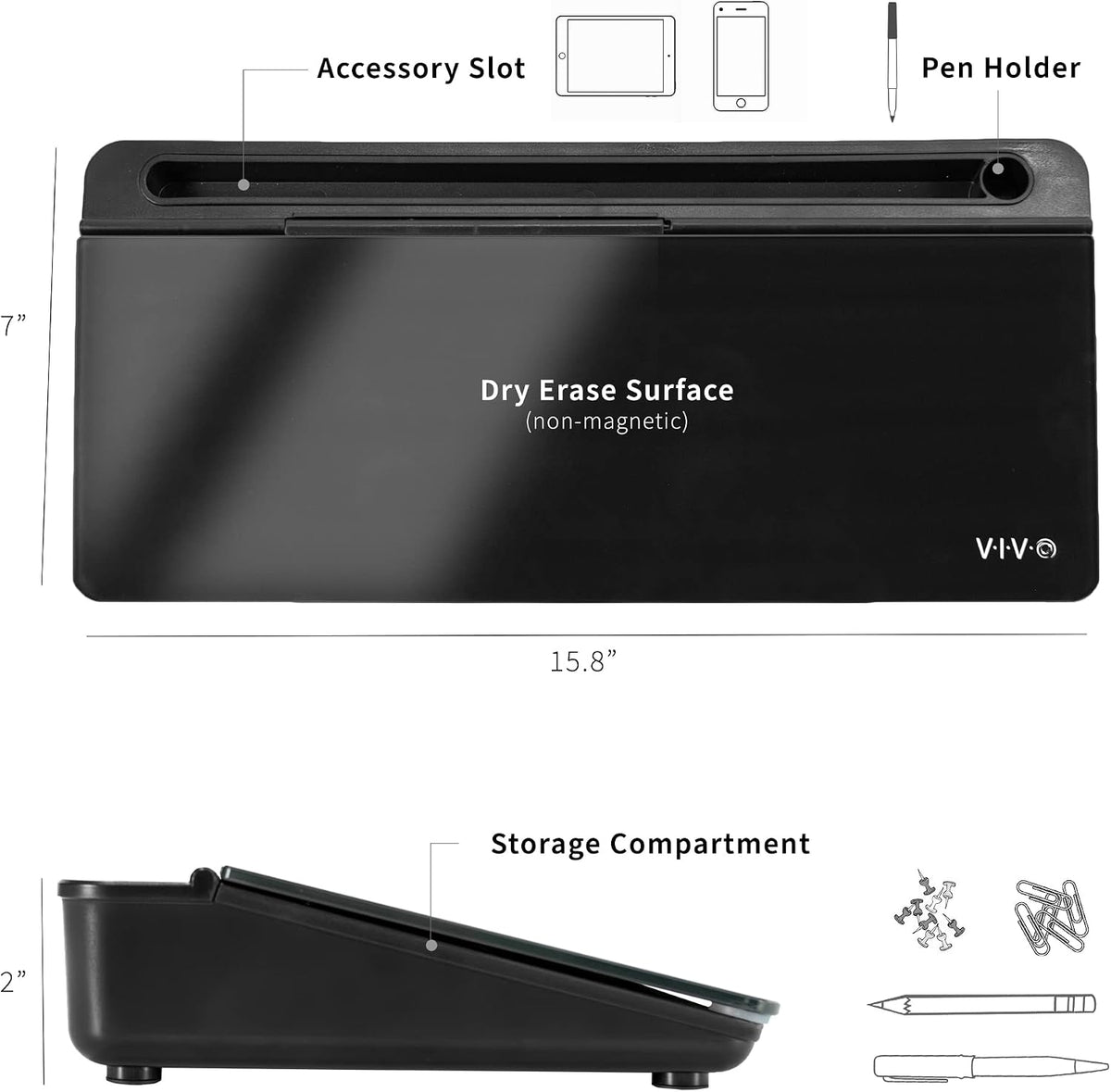 Black Glass 16 x 7 in Dry Erase Board with Storage, DESK-WB16B