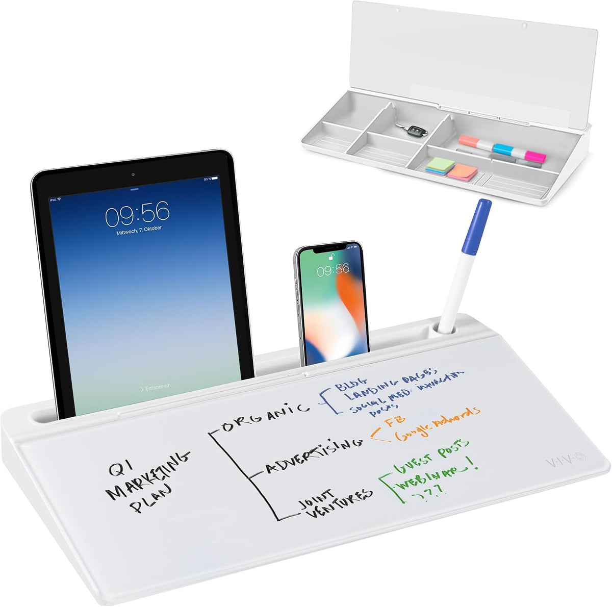 Black Glass 16 x 7 in Dry Erase Board with Storage, DESK-WB16B