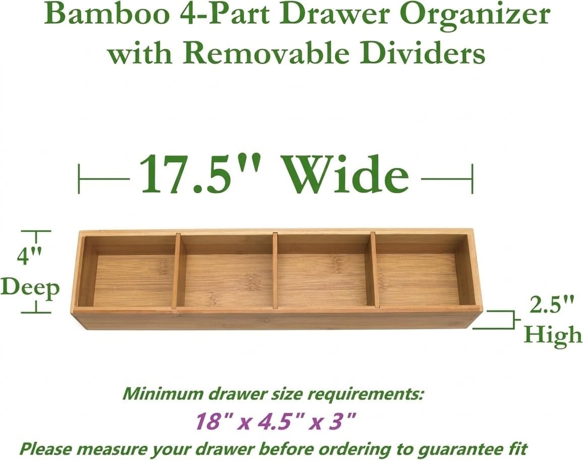 Bamboo Drawer Organizer with 3 Removable Dividers, Brown