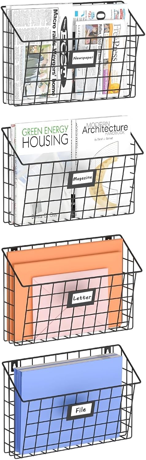 4-Tier Hanging Wall File Holder Vertical Wall Mount Metal Wall File Organizer with Tag Slot Document Magazine Rack Mail Organizer for Office Home, Black