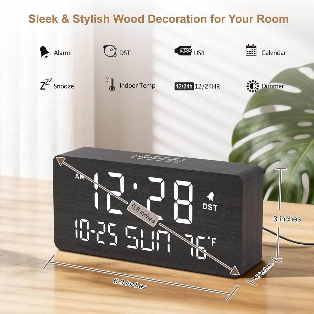 Wooden Digital Alarm Clocks for Bedrooms with Date & Day of Week