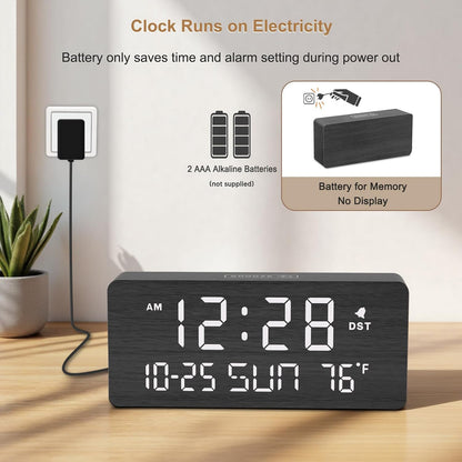 Wooden Digital Alarm Clocks for Bedrooms with Date & Day of Week