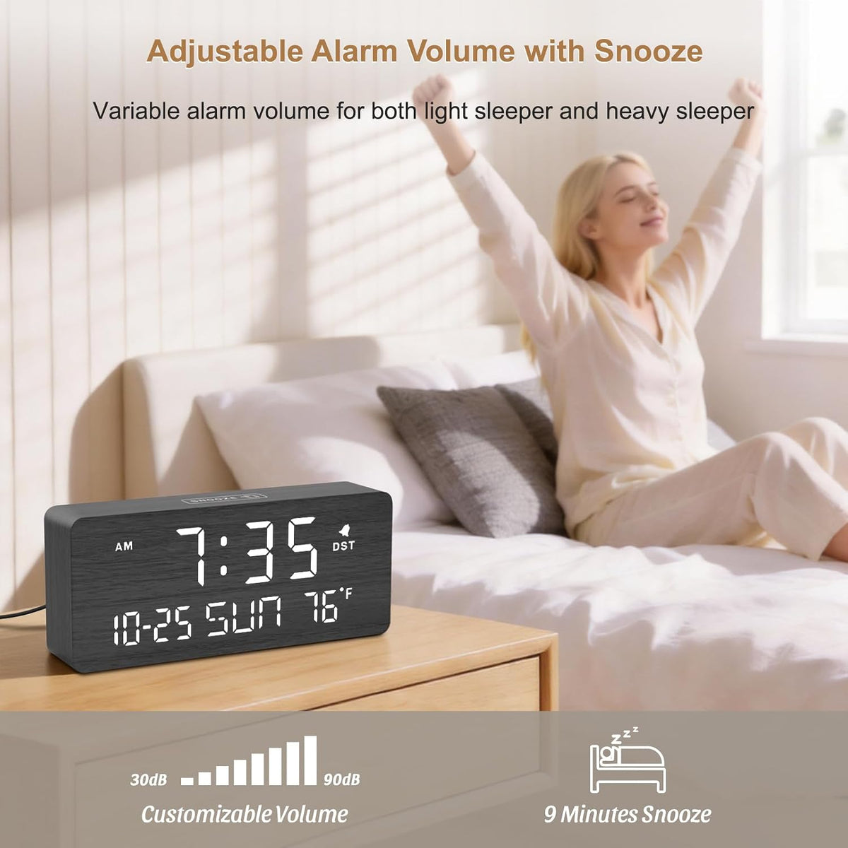 Wooden Digital Alarm Clocks for Bedrooms with Date & Day of Week