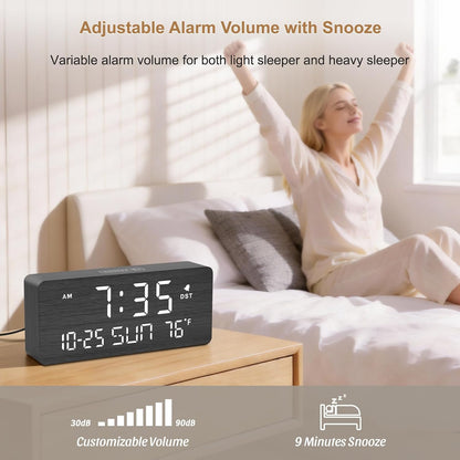 Wooden Digital Alarm Clocks for Bedrooms with Date & Day of Week