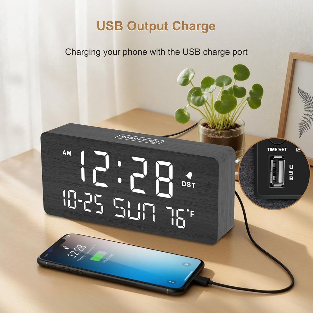 Wooden Digital Alarm Clocks for Bedrooms with Date & Day of Week