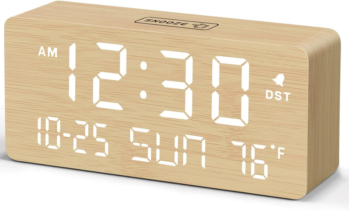 Wooden Digital Alarm Clocks for Bedrooms with Date & Day of Week