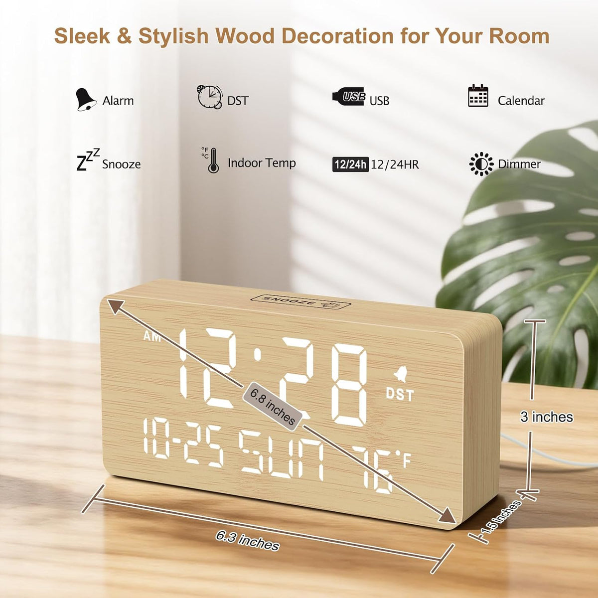 Wooden Digital Alarm Clocks for Bedrooms with Date & Day of Week