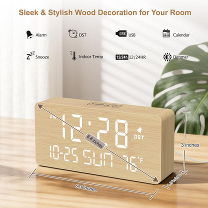 Wooden Digital Alarm Clocks for Bedrooms with Date & Day of Week
