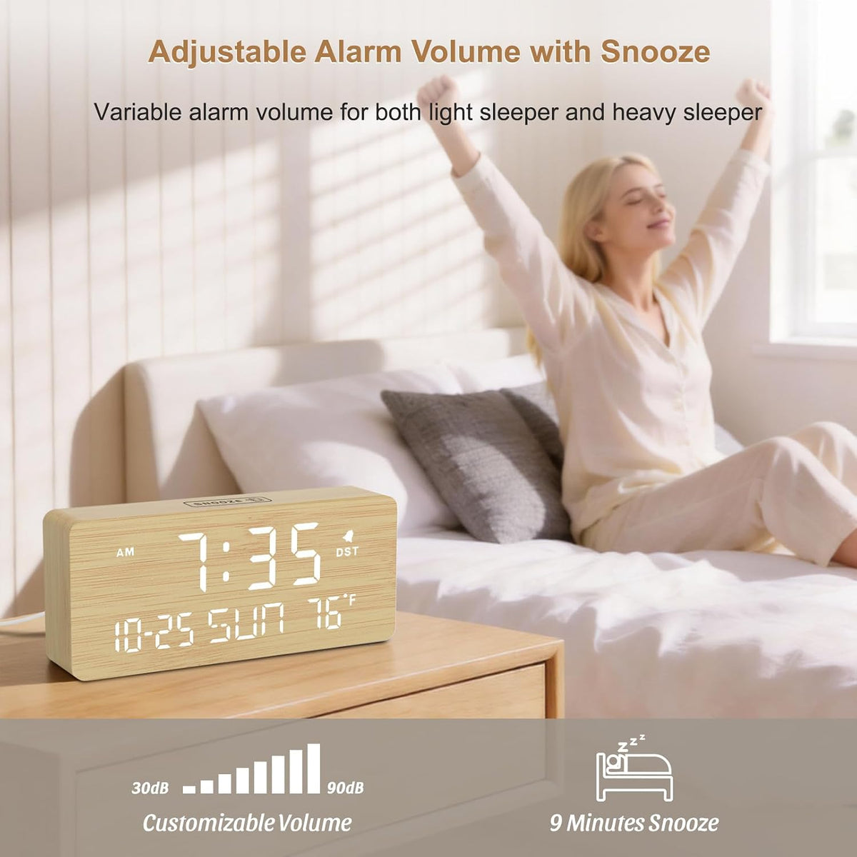 Wooden Digital Alarm Clocks for Bedrooms with Date & Day of Week