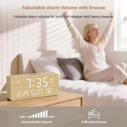 Wooden Digital Alarm Clocks for Bedrooms with Date & Day of Week