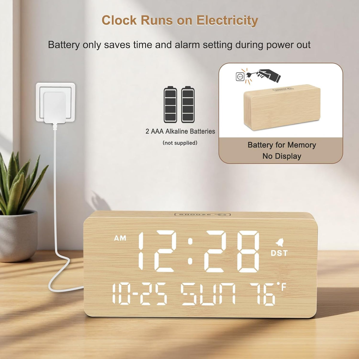 Wooden Digital Alarm Clocks for Bedrooms with Date & Day of Week