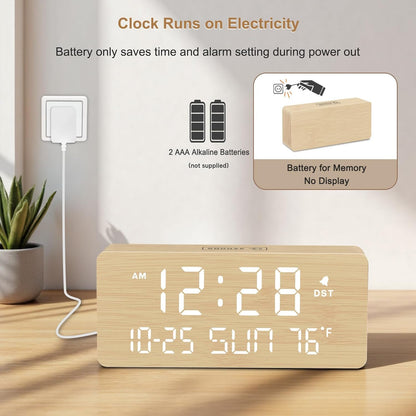 Wooden Digital Alarm Clocks for Bedrooms with Date & Day of Week