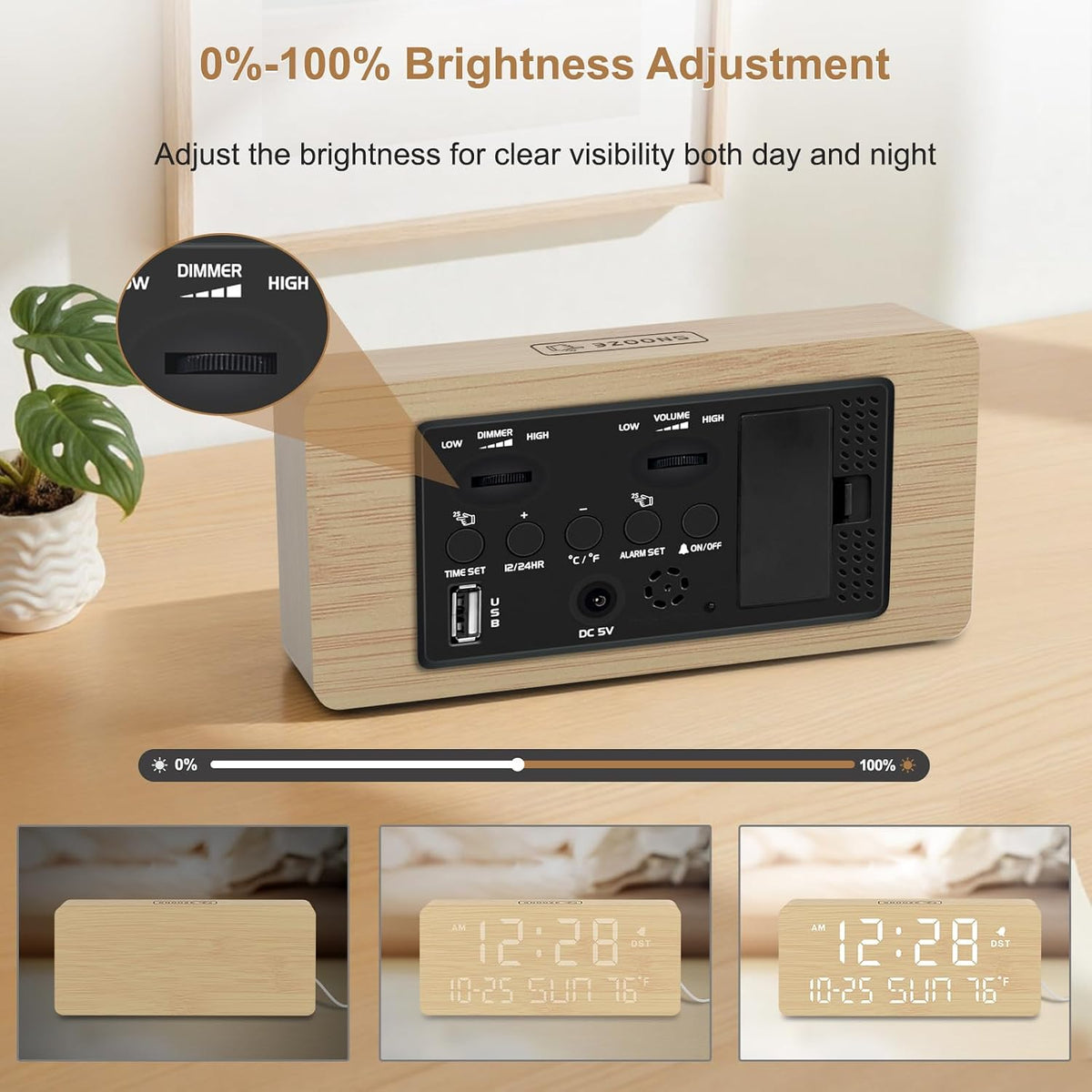 Wooden Digital Alarm Clocks for Bedrooms with Date & Day of Week