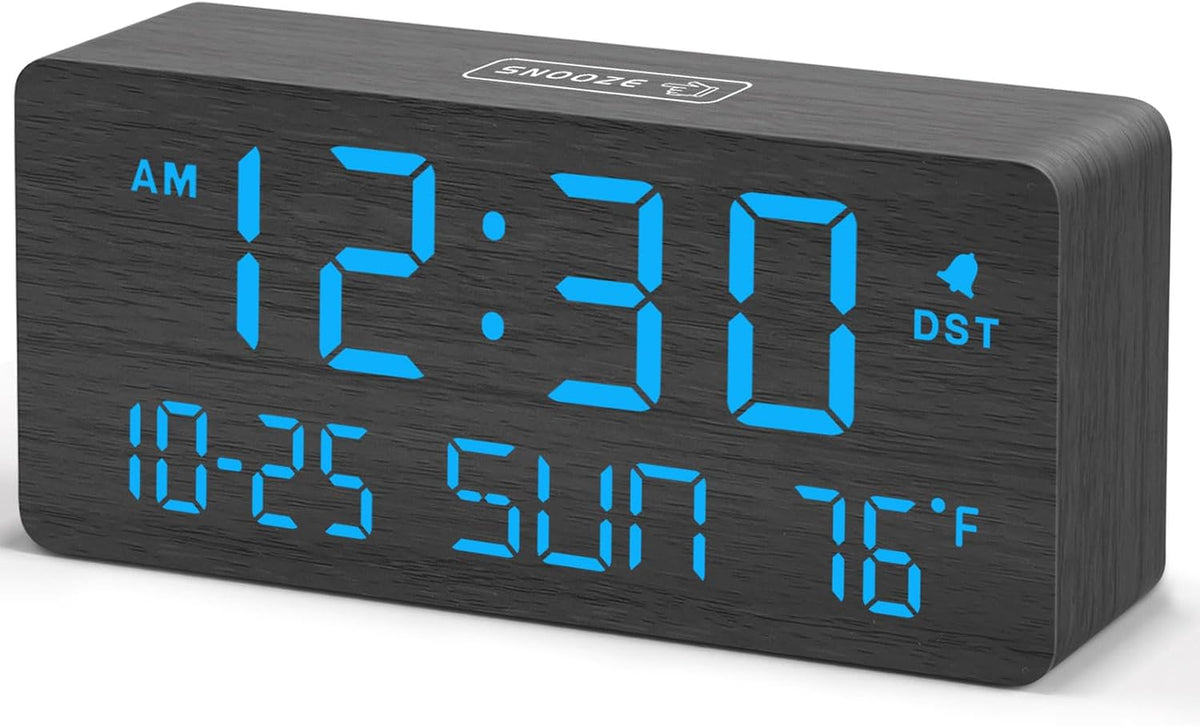 Wooden Digital Alarm Clocks for Bedrooms with Date & Day of Week