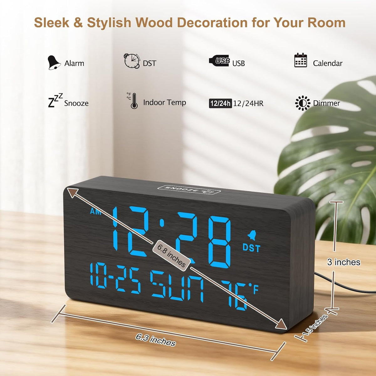Wooden Digital Alarm Clocks for Bedrooms with Date & Day of Week