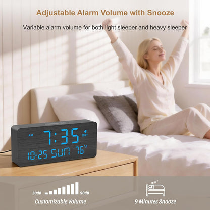 Wooden Digital Alarm Clocks for Bedrooms with Date & Day of Week