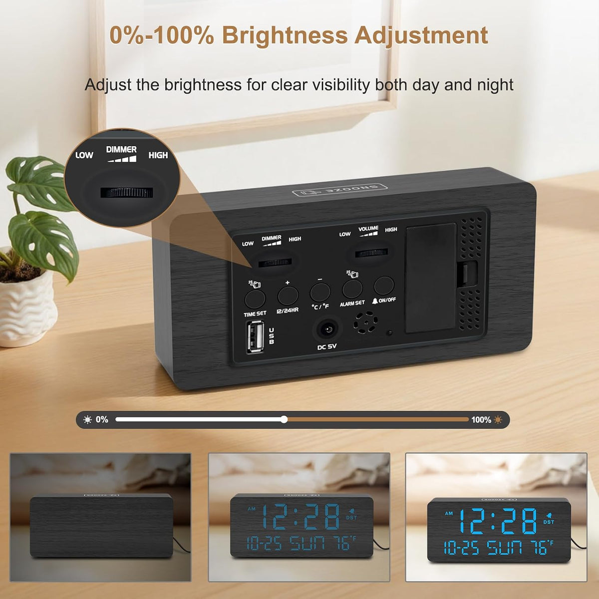 Wooden Digital Alarm Clocks for Bedrooms with Date & Day of Week
