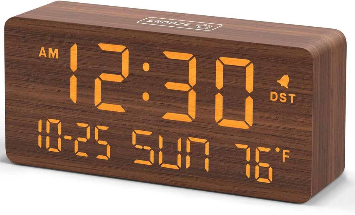 Wooden Digital Alarm Clocks for Bedrooms with Date & Day of Week