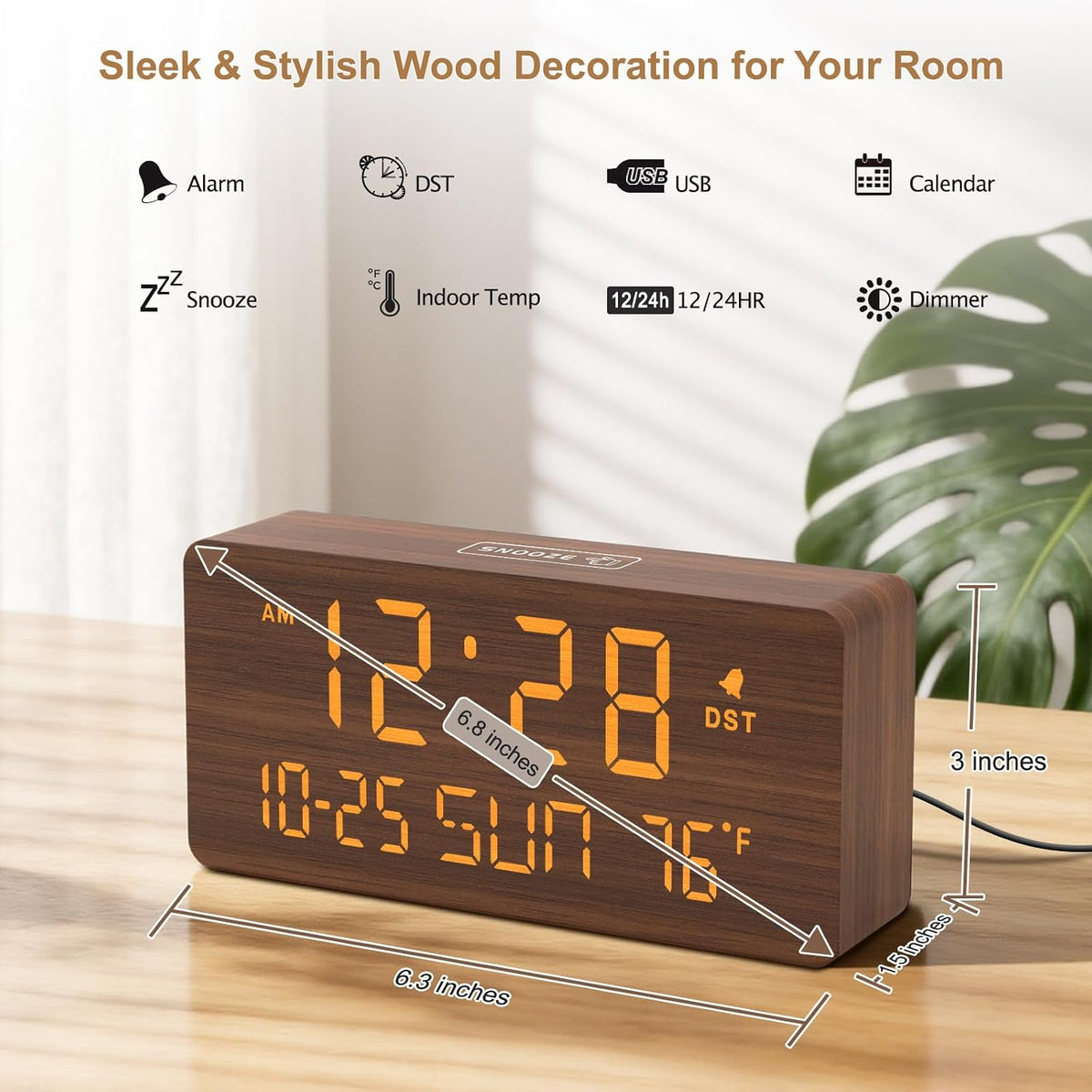 Wooden Digital Alarm Clocks for Bedrooms with Date & Day of Week