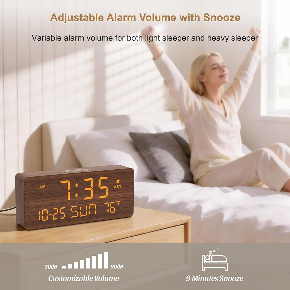 Wooden Digital Alarm Clocks for Bedrooms with Date & Day of Week
