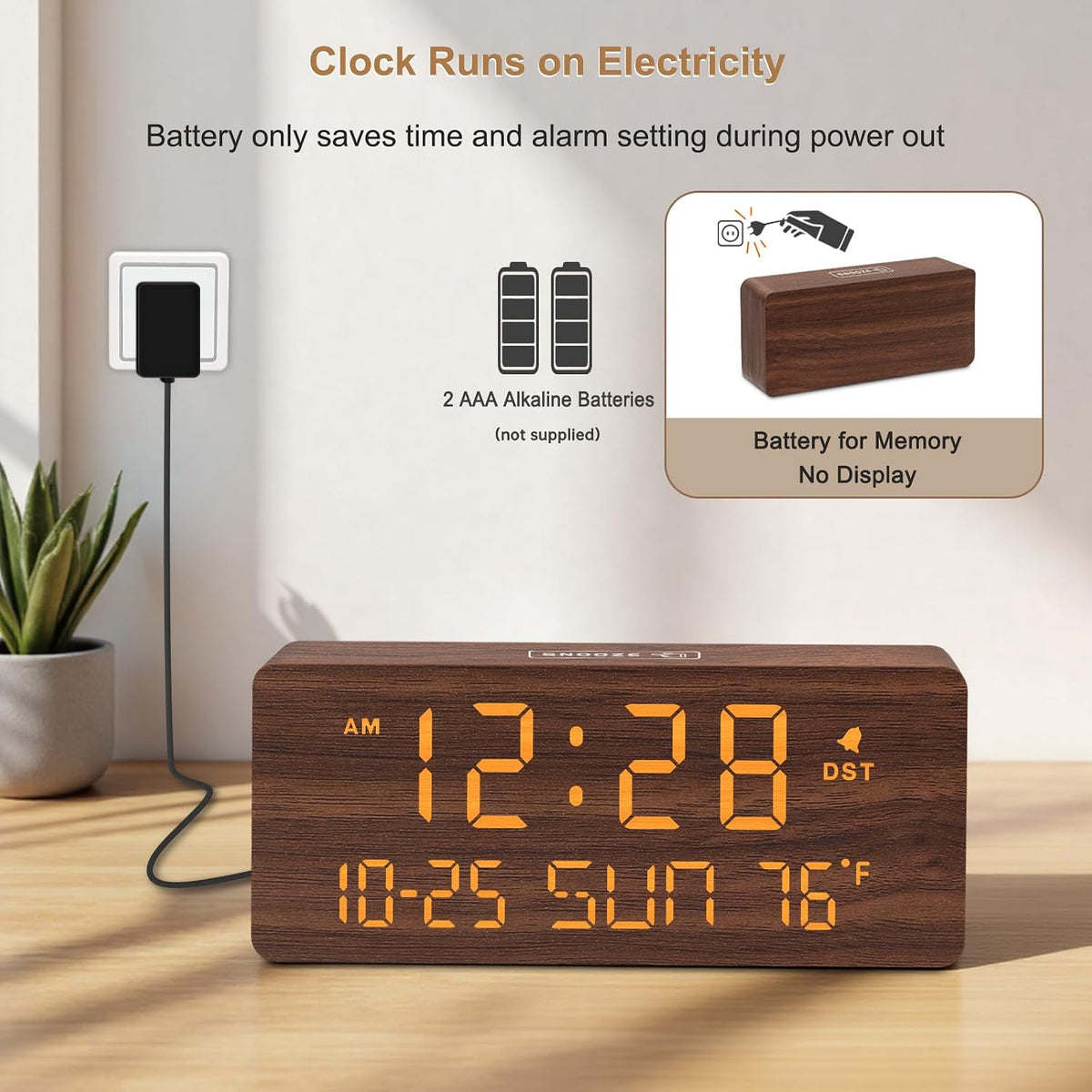 Wooden Digital Alarm Clocks for Bedrooms with Date & Day of Week