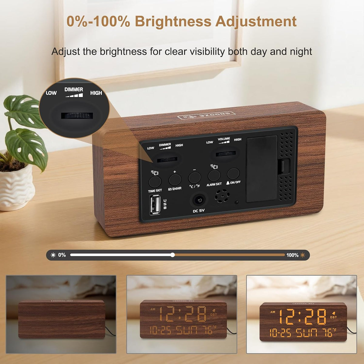 Wooden Digital Alarm Clocks for Bedrooms with Date & Day of Week