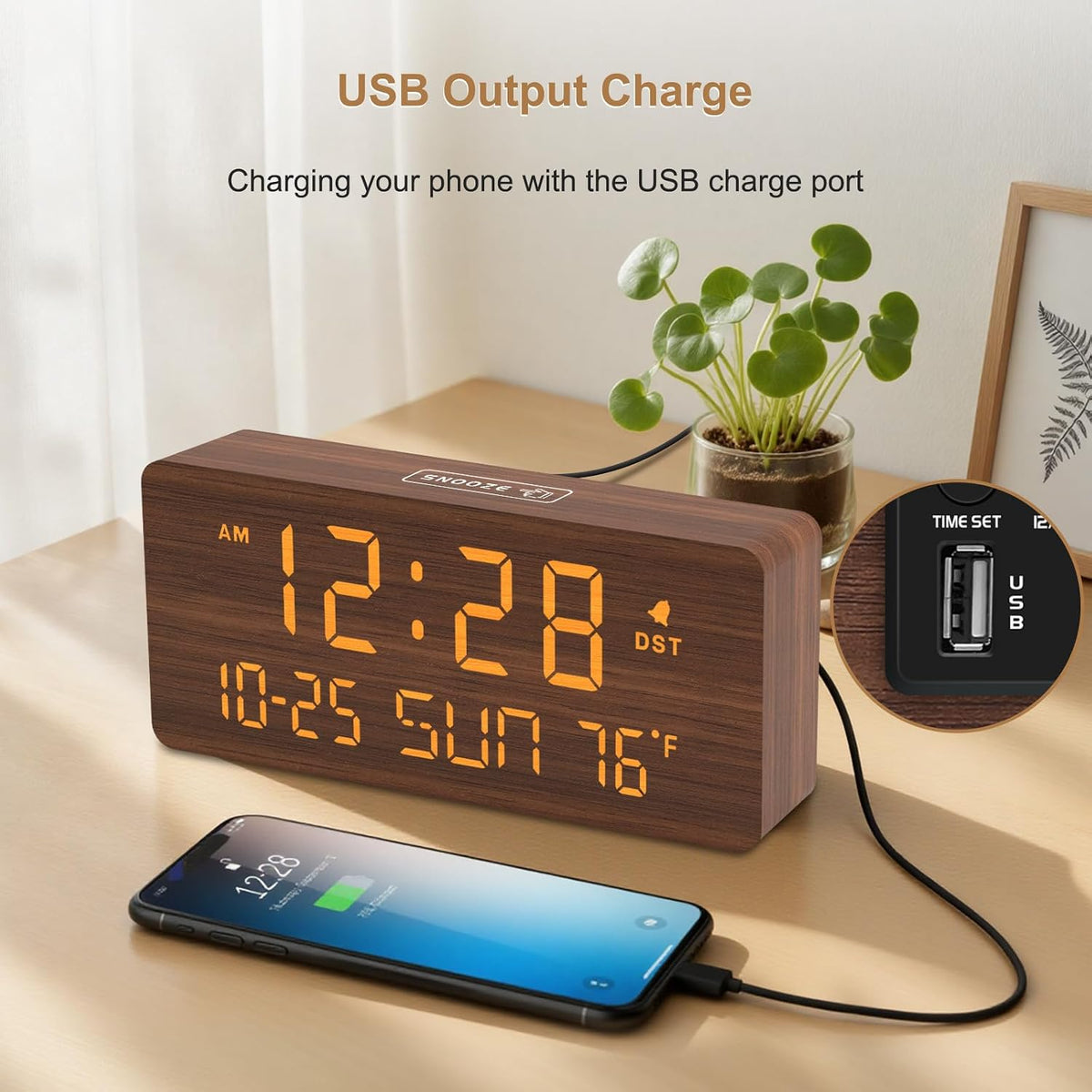 Wooden Digital Alarm Clocks for Bedrooms with Date & Day of Week