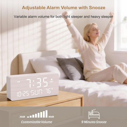 Wooden Digital Alarm Clocks for Bedrooms with Date & Day of Week