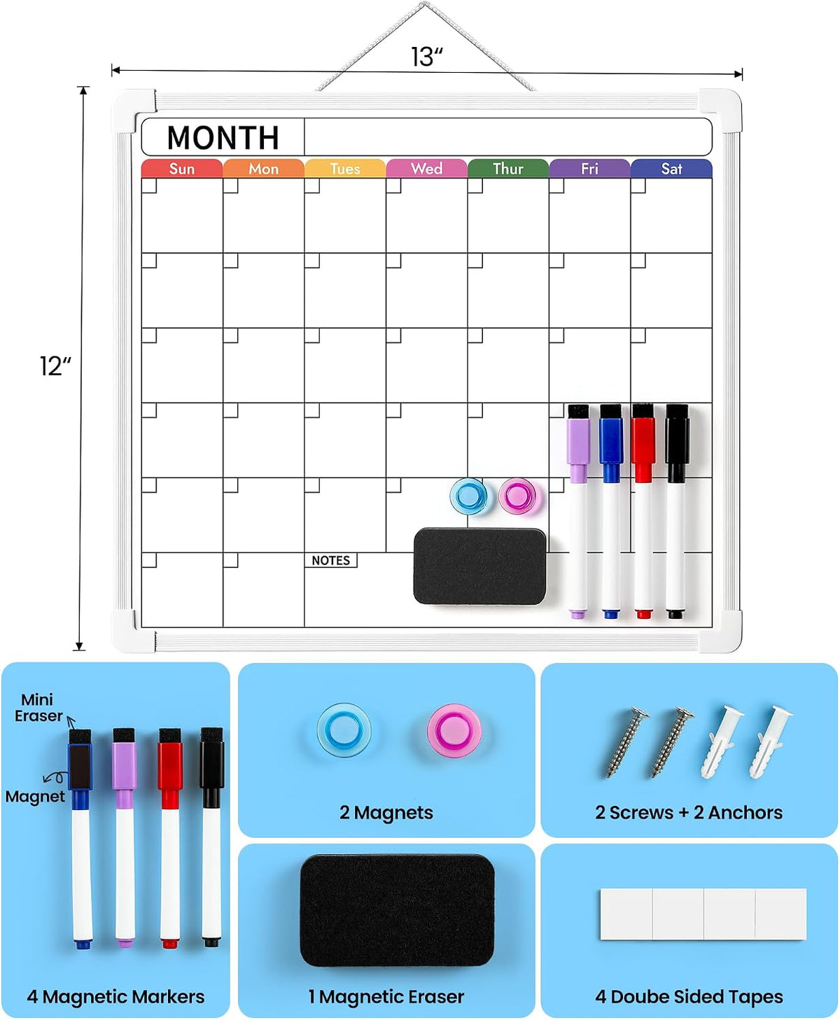 Calendar Whiteboard for Wall, 13 * 11.8‘’ Double-Sided Dry Erase Board, Hanging Monthly Planning Board, Small White Board for Memo, to Do List, Office Accessories