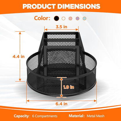 360°Rotating Mesh Desk Organizer,6-Compartment Pen Holder,Black