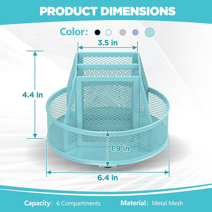 360°Rotating Mesh Desk Organizer,6-Compartment Pen Holder,Black