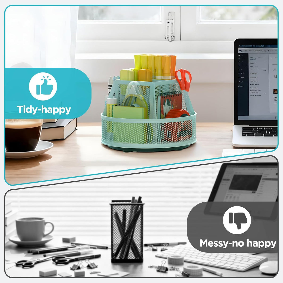 360°Rotating Mesh Desk Organizer,6-Compartment Pen Holder,Black