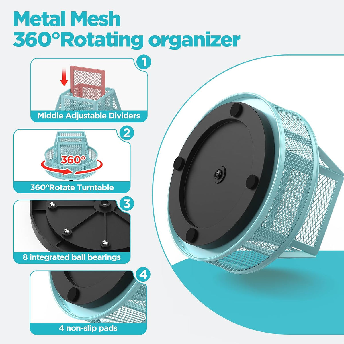 360°Rotating Mesh Desk Organizer,6-Compartment Pen Holder,Black