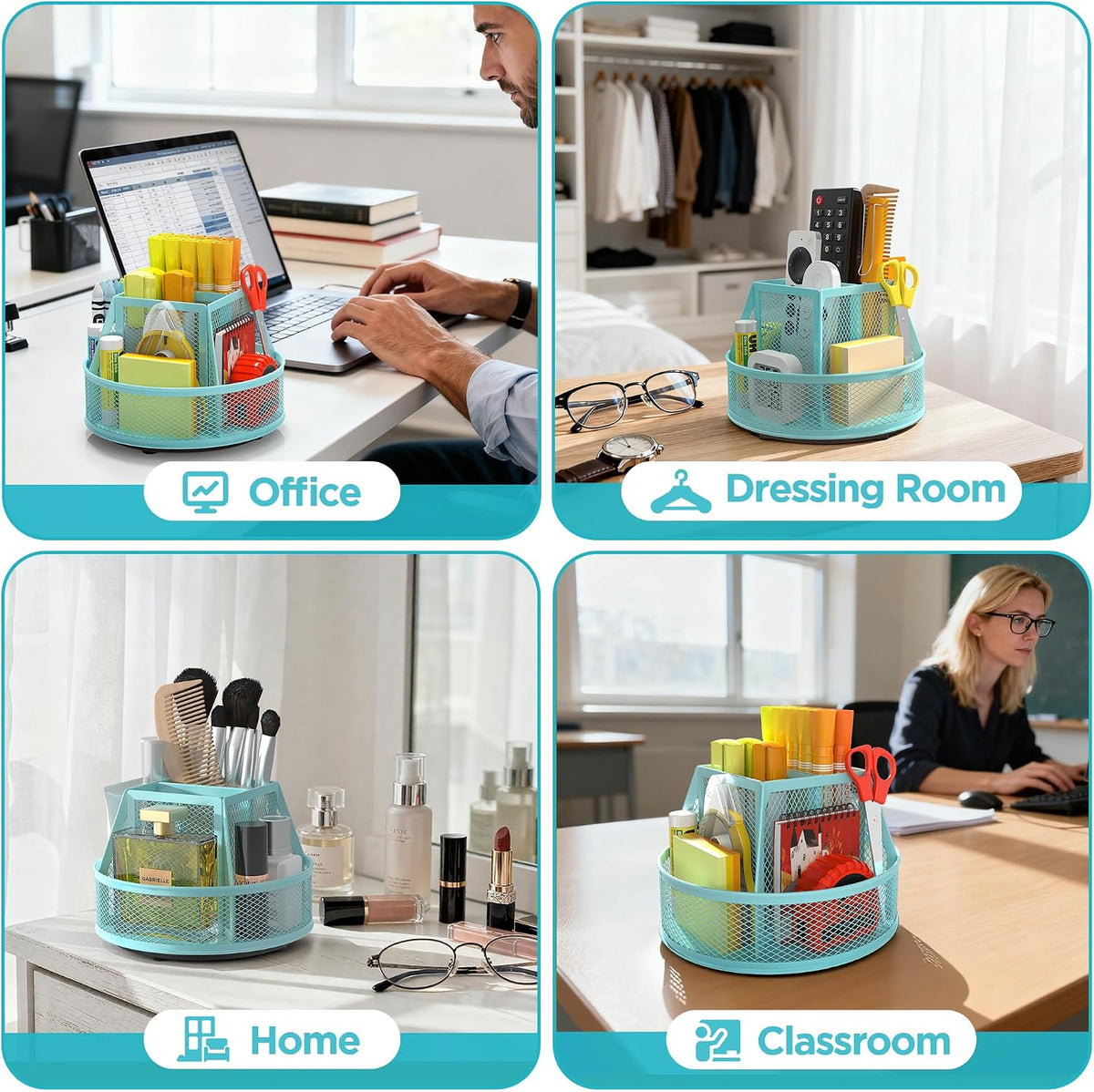 360°Rotating Mesh Desk Organizer,6-Compartment Pen Holder,Black