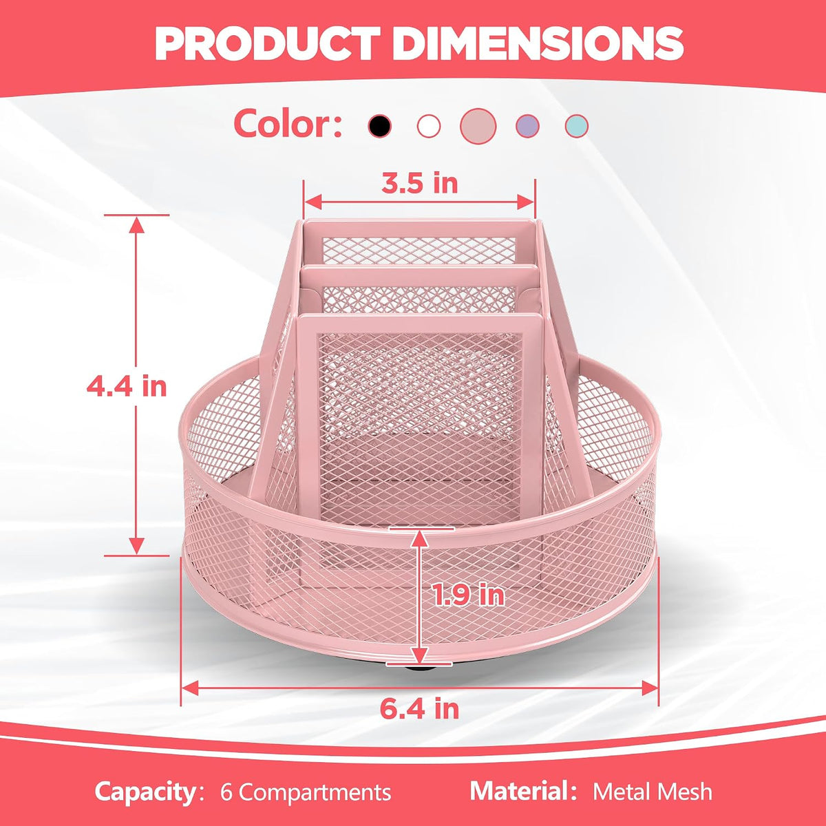 360°Rotating Mesh Desk Organizer,6-Compartment Pen Holder,Black