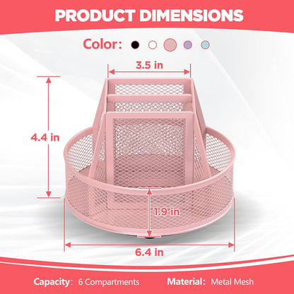 360°Rotating Mesh Desk Organizer,6-Compartment Pen Holder,Black