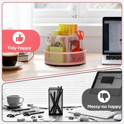 360°Rotating Mesh Desk Organizer,6-Compartment Pen Holder,Black