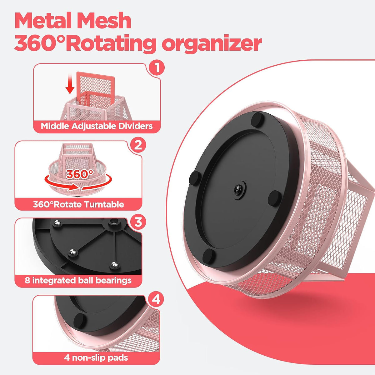360°Rotating Mesh Desk Organizer,6-Compartment Pen Holder,Black
