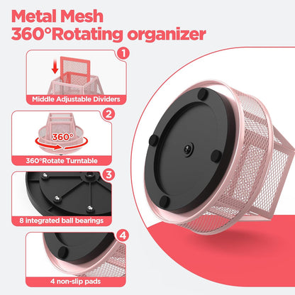 360°Rotating Mesh Desk Organizer,6-Compartment Pen Holder,Black