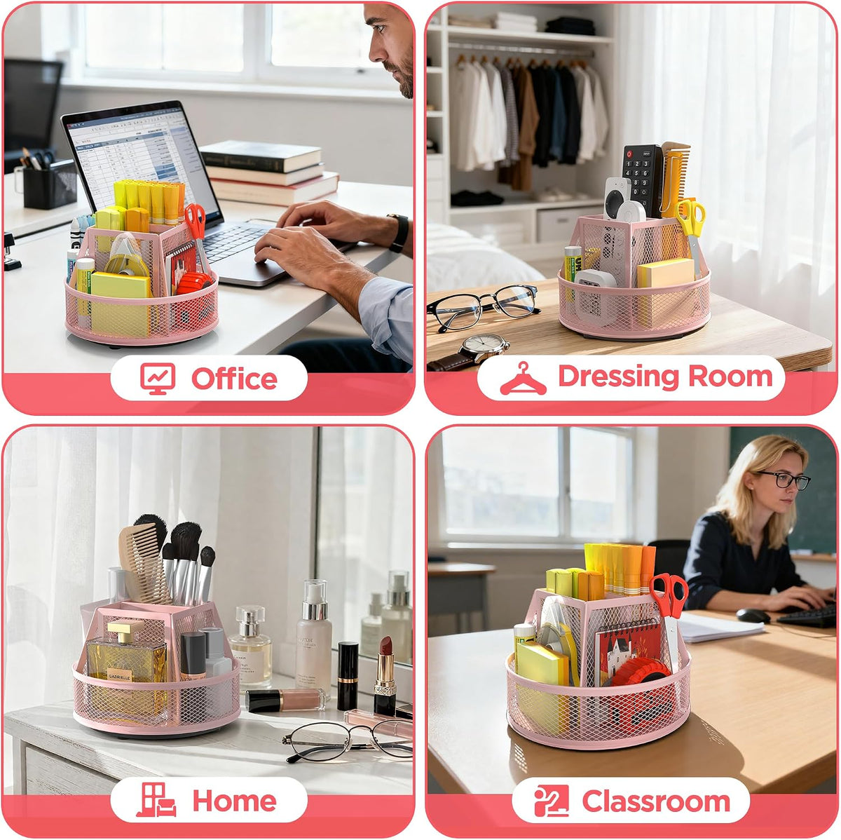 360°Rotating Mesh Desk Organizer,6-Compartment Pen Holder,Black