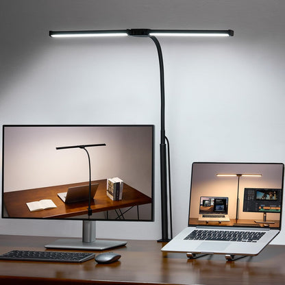 LED Desk Lamp for Home Office, Double Head Desk Light with Clamp