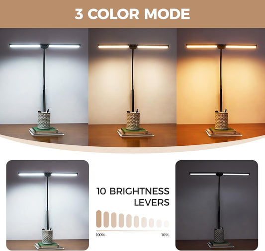 LED Desk Lamp for Home Office, Double Head Desk Light with Clamp