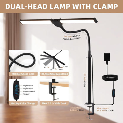 LED Desk Lamp for Home Office, Double Head Desk Light with Clamp