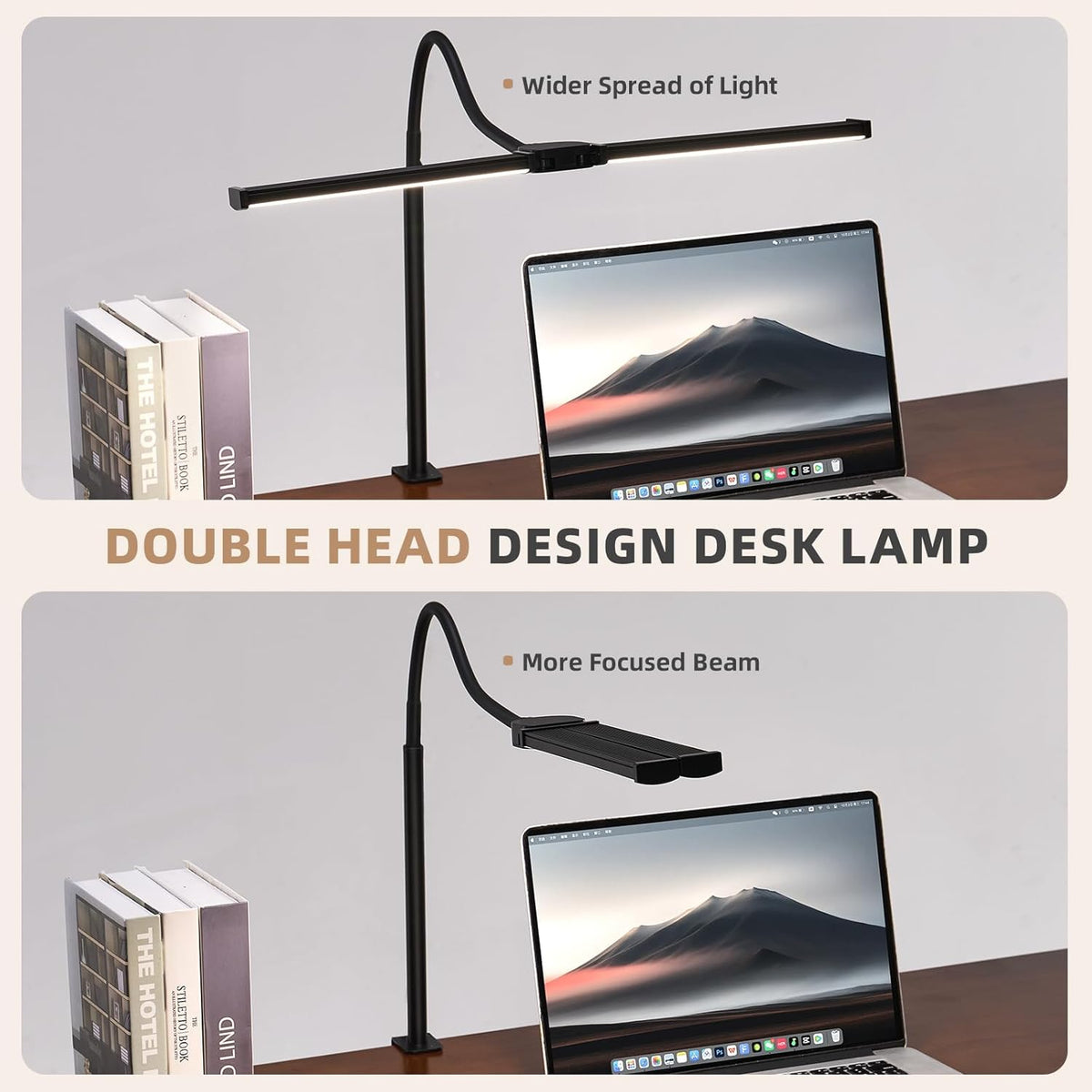LED Desk Lamp for Home Office, Double Head Desk Light with Clamp