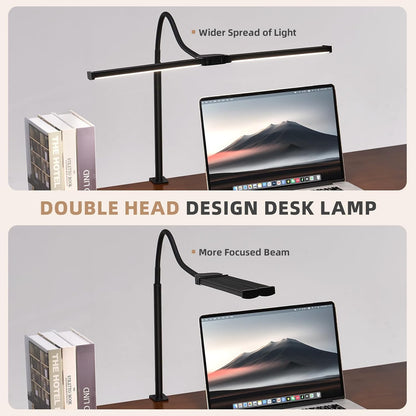 LED Desk Lamp for Home Office, Double Head Desk Light with Clamp