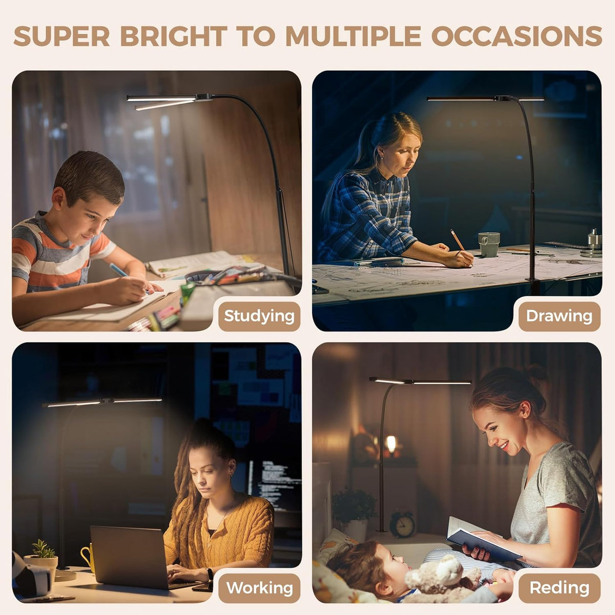 LED Desk Lamp for Home Office, Double Head Desk Light with Clamp