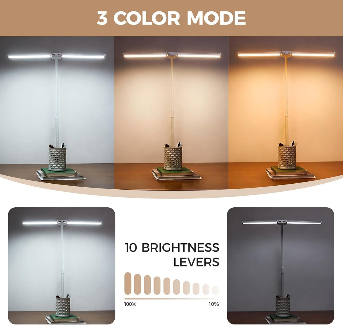 LED Desk Lamp for Home Office, Double Head Desk Light with Clamp